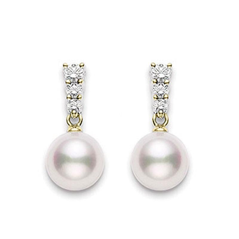 Mikimoto 18ct Yellow Gold Diamond 8mm White Akoya Pearl Earrings