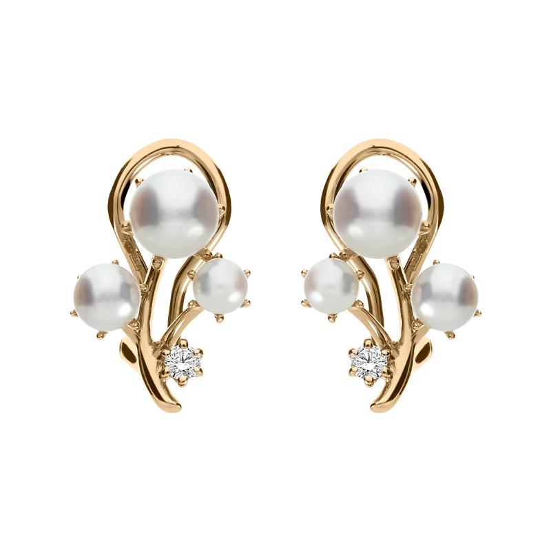 Mikimoto 18ct Rose Gold Diamond White Akoya Pearl Branch Earrings