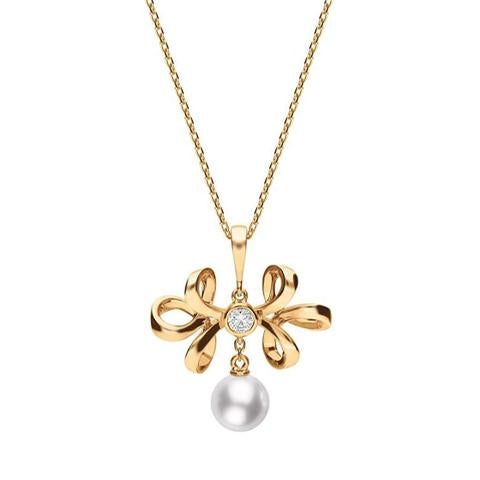 Mikimoto 18ct Rose Gold Diamond White Akoya Pearl Bow Necklace D - Silver