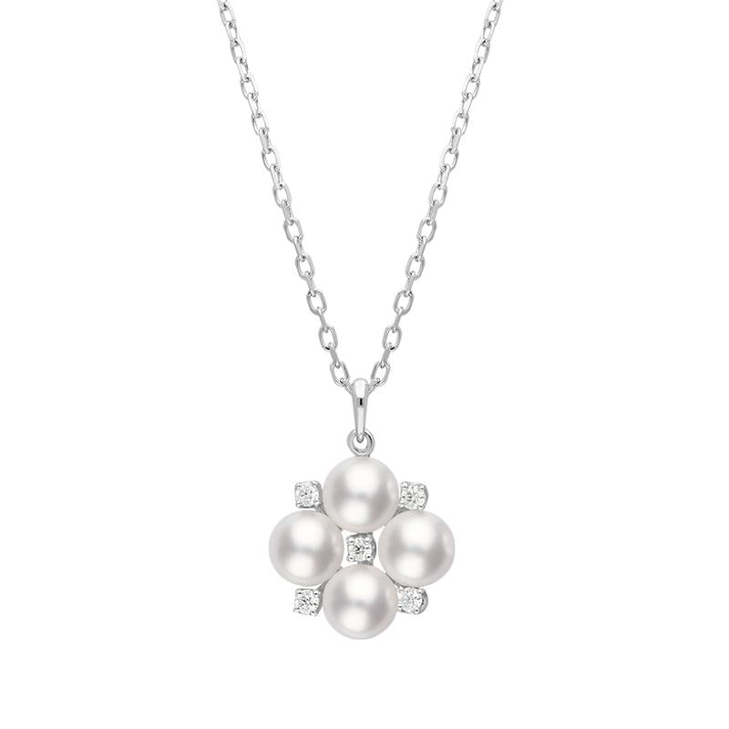 Mikimoto 18ct White Gold 5mm Akoya Pearl Diamond Floral Cluster Necklace - White Gold
