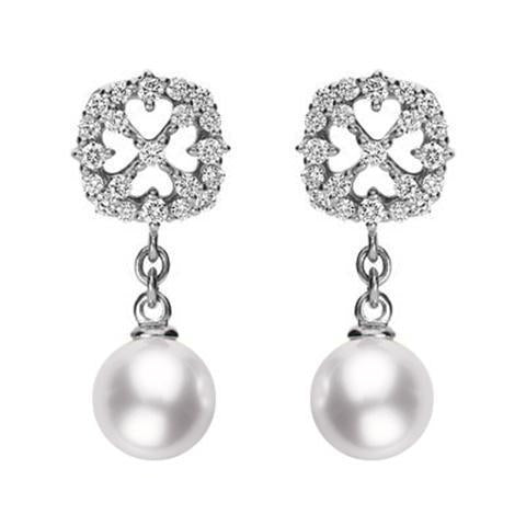 Mikimoto 18ct White Gold Diamond 4mm White A+ Akoya Pearl Drop Earrings - Option1 Value White Gold