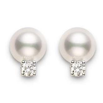 Mikimoto 18ct White Gold Diamond 7mm White AA Akoya Pearl Stud Earrings - White Gold