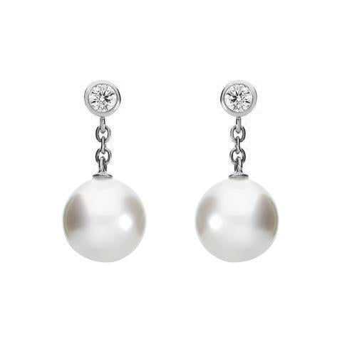 Mikimoto 18ct White Gold Diamond 8mm White A+ Akoya Pearl Drop Earrings