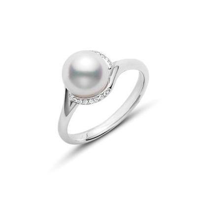 Mikimoto 18ct White Gold Diamond 8mm White A+ Akoya Pearl Ring - 49