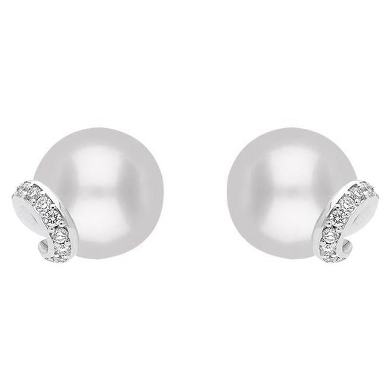 Mikimoto 18ct White Gold Diamond White A+ Akoya Pearl Stud Earrings
