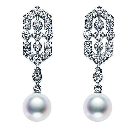 Mikimoto 18ct White Gold Diamond White Akoya Pearl Art Deco Earrings - Option1 Value White Gold