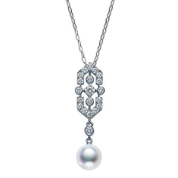 Mikimoto 18ct White Gold Diamond White Akoya Pearl Art Deco Necklace - Option1 Value White Gold