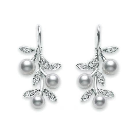 Mikimoto 18ct White Gold Diamond White Akoya Pearl Floral Drop Earrings - TITLE White Gold