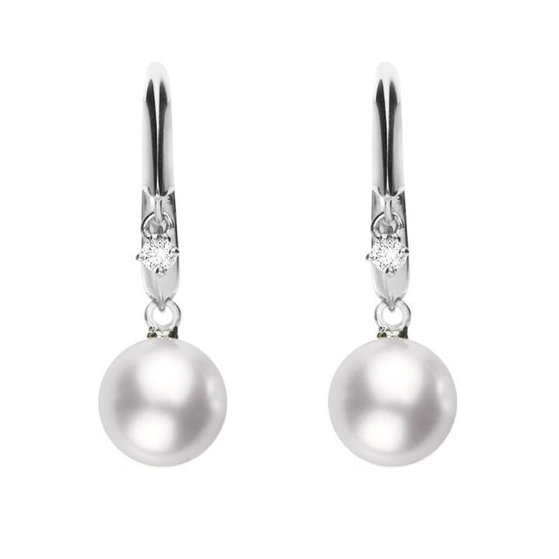 Mikimoto 18ct White Gold Diamond White Akoya Pearl Hook Earrings - Option1 Value White Gold