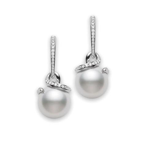 Mikimoto 18ct White Gold Diamond White South Sea Pearl Twisted Earrings - White Gold