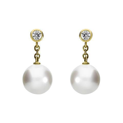 Mikimoto 18ct Yellow Gold Diamond 8mm White A+ Akoya Pearl Drop Earrings