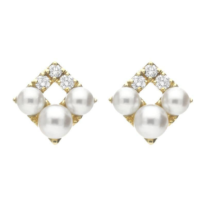 Mikimoto 18ct Yellow Gold Diamond White Akoya Pearl Stud Earrings - Yellow Gold