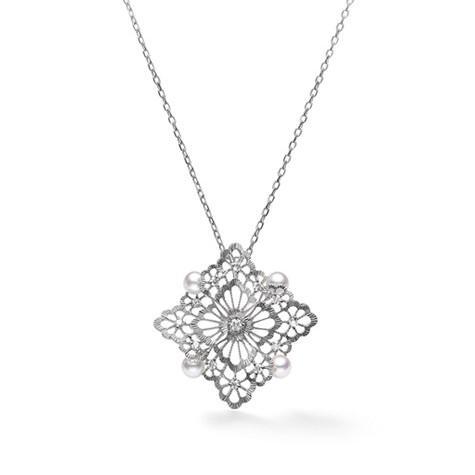 Mikimoto Lace 18ct White Gold Diamond White Akoya Pearl Necklace - White Gold