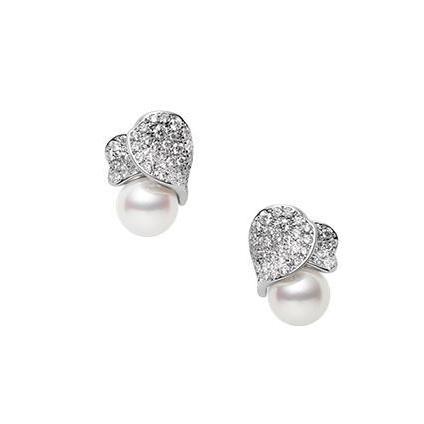Mikimoto Les Petales Place Vendome 18ct White Gold 8mm Akoya Pearl Diamond Earrings - TITLE White Gold