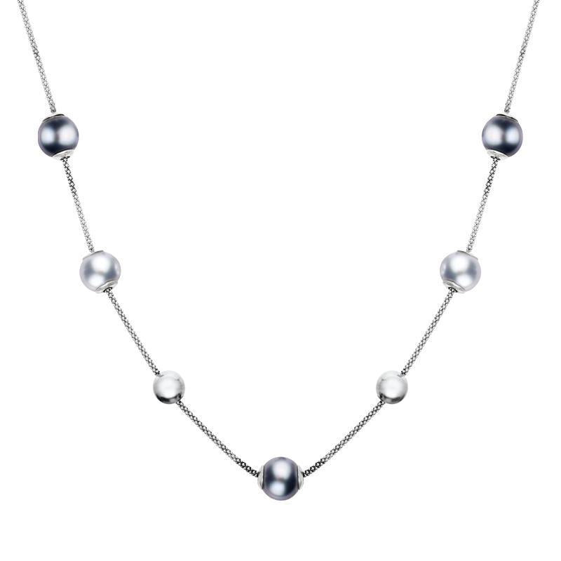 Sterling Silver Black Grey Pearl Five Stone Bead Necklace