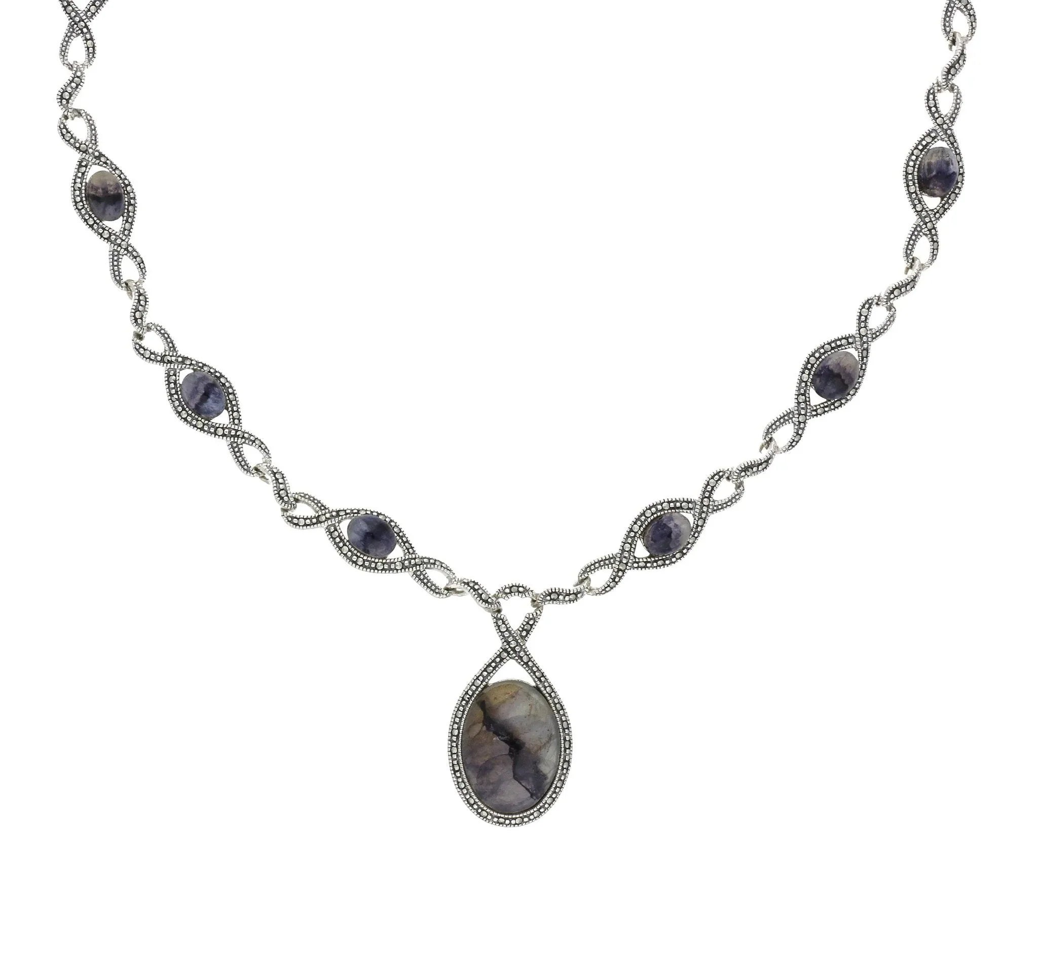Sterling Silver Blue John Marcasite Thirteen Stone Twist Link Necklace - Silver