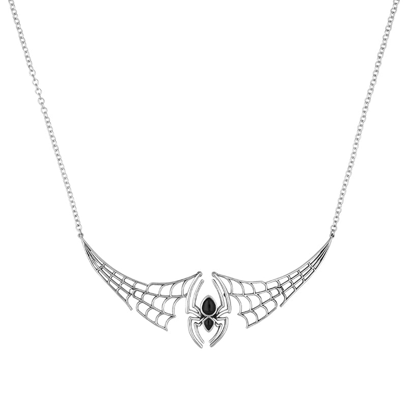 Sterling Silver Whitby Jet Spider Extended Web Necklace - Silver
