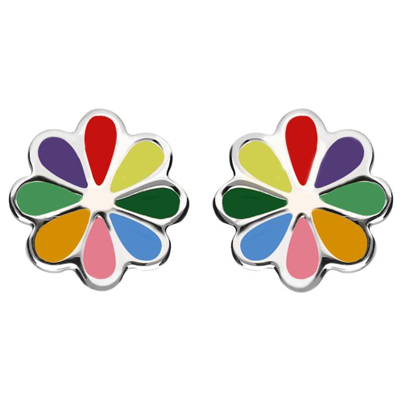 Sterling Silver NSPCC Enamel Multicoloured Eight Petal Flower Stud Earrings D - Silver