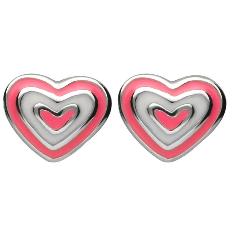 Sterling Silver NSPCC Enamel Pink and White Layered Heart Stud Earrings D - Silver