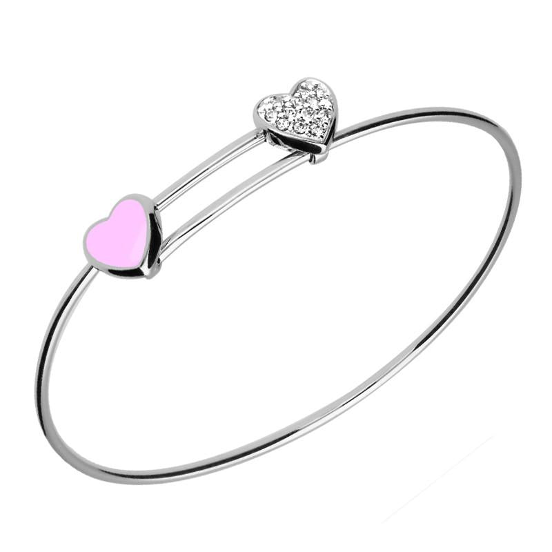 Sterling Silver NSPCC Pink Enamel Cubic Zirconia Double Heart Slide Bangle D - Silver