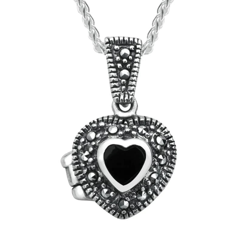 Sterling Silver Whitby Jet Marcasite Small Bead Edge Heart Locket - Silver