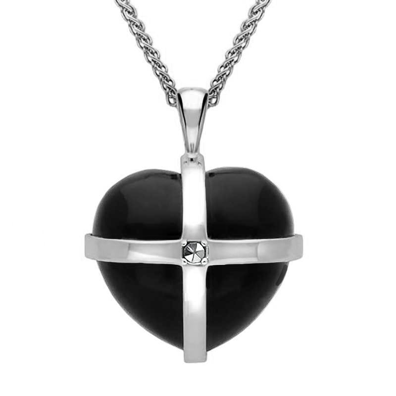 9ct White Gold Whitby Jet Marcasite Medium Cross Heart Necklace - Gold