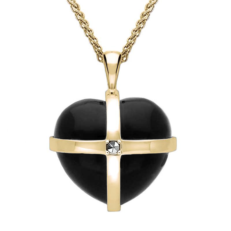 9ct Yellow Gold Whitby Jet Marcasite Medium Cross Heart Necklace - Gold