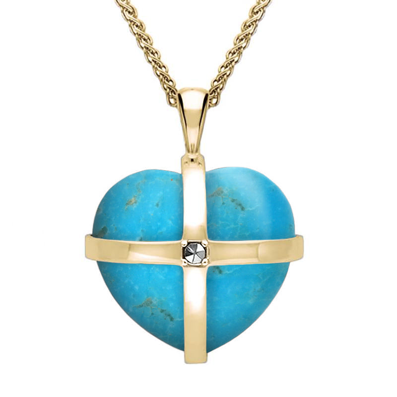 9ct Yellow Gold Turquoise Marcasite Medium Cross Heart Necklace - Gold