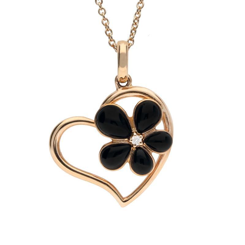 18ct Rose Gold Whitby Jet and Diamond Flower Heart Necklace - Gold