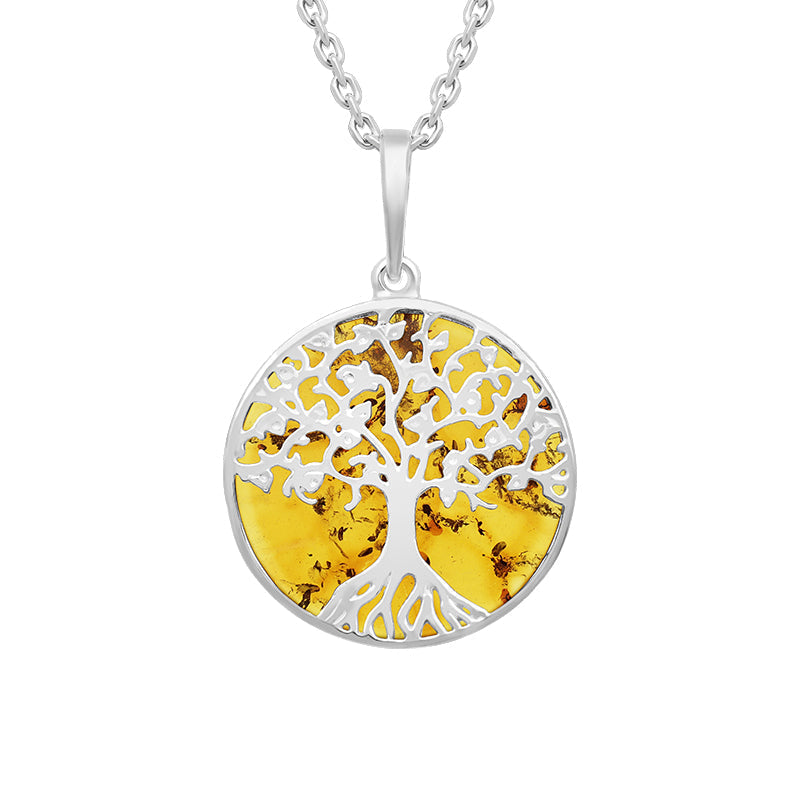 Sterling Silver Amber Round Tree of Life Necklace - Silver