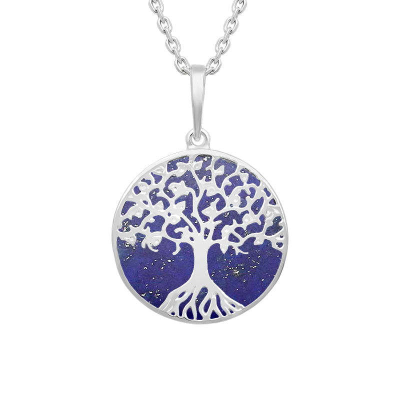 Sterling Silver Lapis Lazuli Round Tree of Life Necklace - Silver