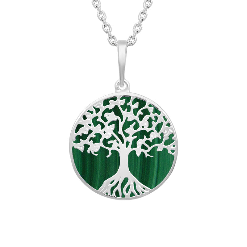 Sterling Silver Malachite Round Tree of Life Necklace - Silver