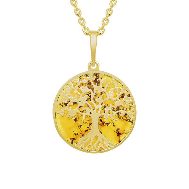 9ct Yellow Gold Amber Round Tree of Life Necklace - Gold