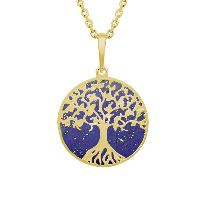 9ct Yellow Gold Lapis Lazuli Round Tree of Life Necklace - Gold