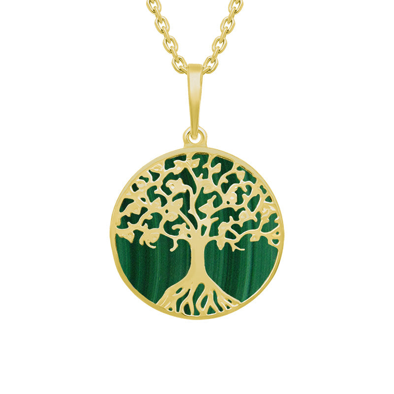 9ct Yellow Gold Malachite Round Tree of Life Necklace - Gold