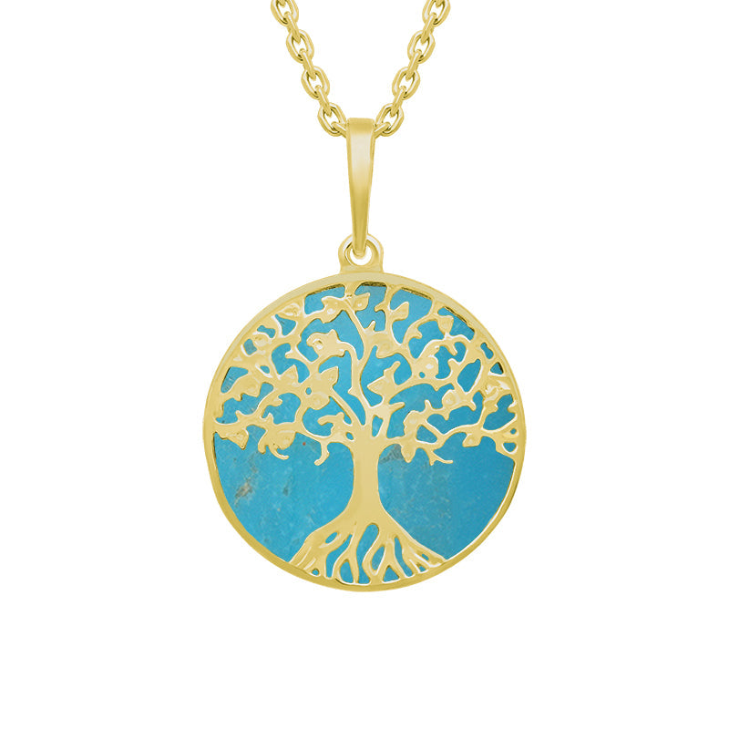 9ct Yellow Gold Turquoise Round Tree of Life Necklace - Gold