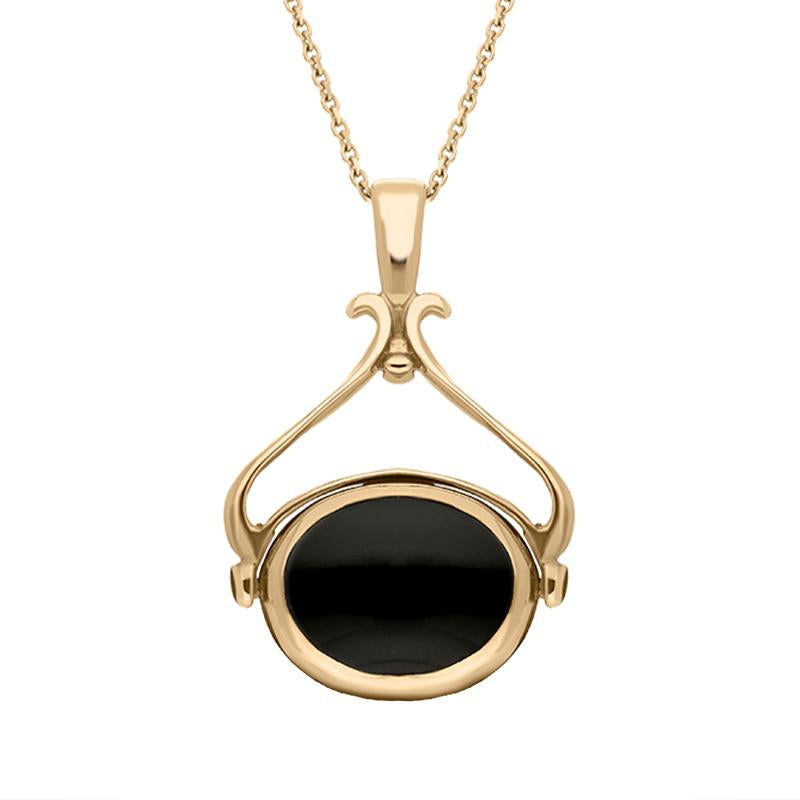 9ct Rose Gold Whitby Jet Malachite Oval Space Swivel Fob Necklace