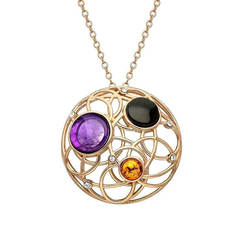 Rose Gold Plated Sterling Silver Whitby Jet Amethyst Amber Open Circle Necklace