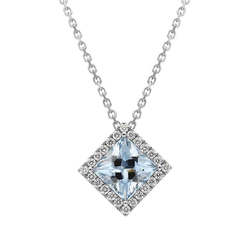 18ct White Gold 1.74ct Aquamarine Diamond Cluster Necklace - Option1 Value White Gold