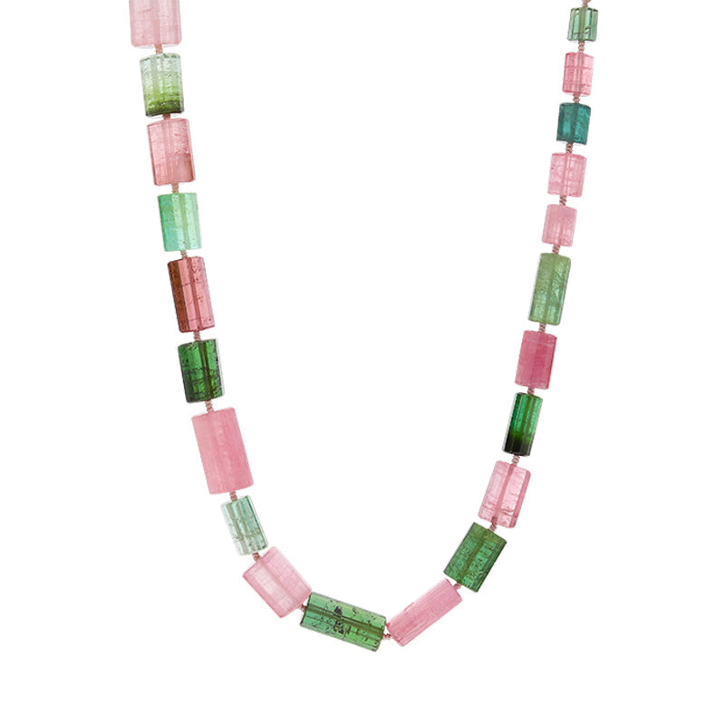 Pink Green Graduated Tourmaline Beaded Necklace D - Gold
