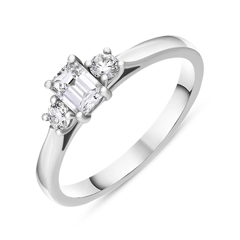Platinum Diamond Emerald and Round Brilliant Cut Three Stone Ring - L