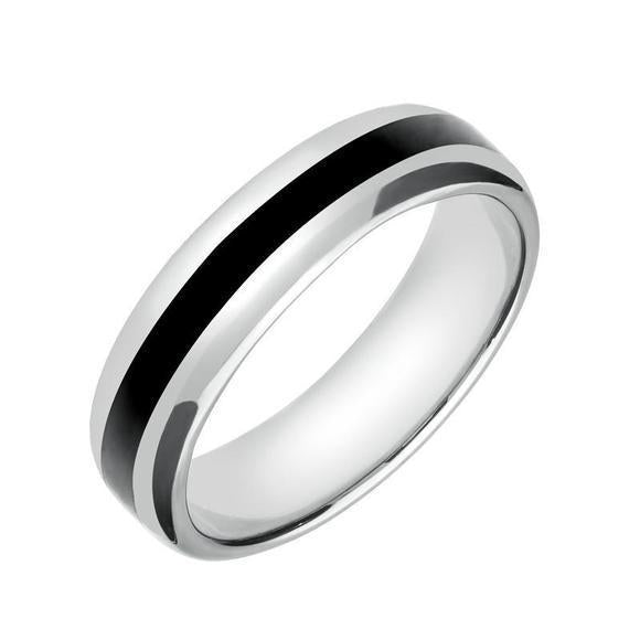 Platinum Whitby Jet 2mm Stone Inlaid Wedding Band Ring - Platinum