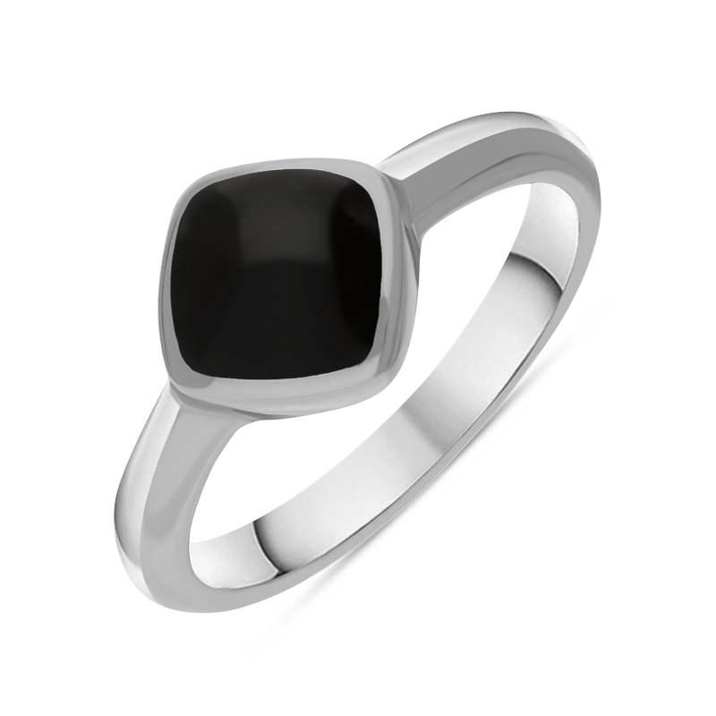 Sterling Silver Whitby Jet Cushion Ring - Silver