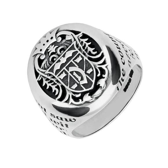 Sterling Silver Whitby Jet Dracula Crest Signet Ring - Silver