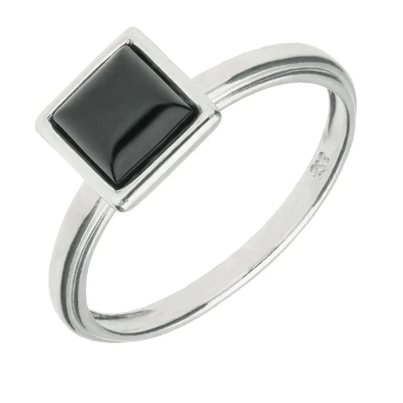 Sterling Silver Whitby Jet Square Plain Stacking Ring