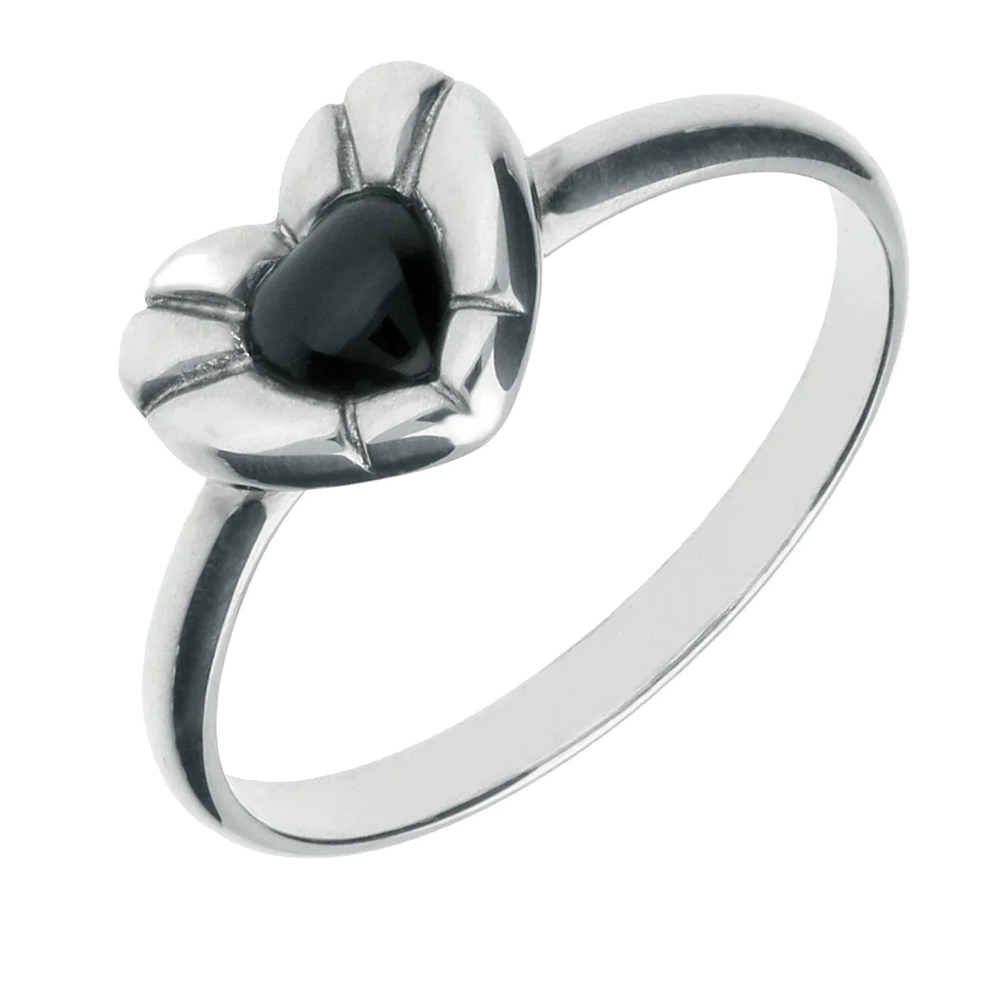 Sterling Silver Whitby Jet Heritage Heart Stone Ridged Edge Ring - Option1 Value Silver