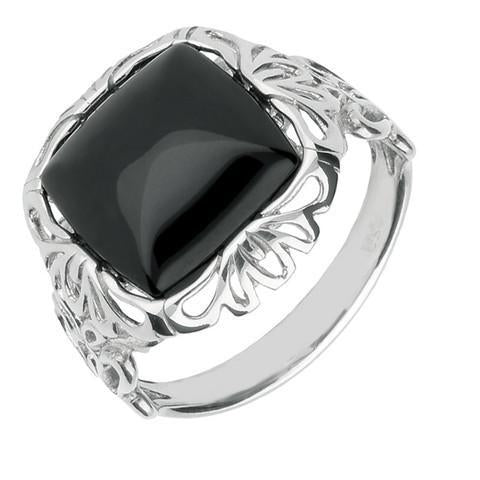 Sterling Silver Whitby Jet Square Decorative Edge Ring - Option1 Value Silver