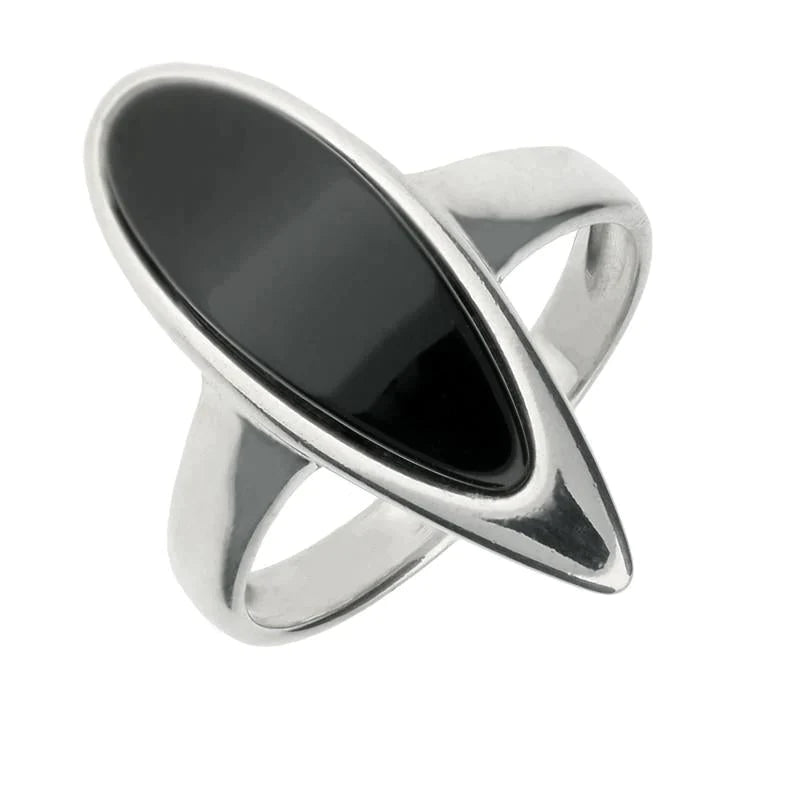 Sterling Silver Whitby Jet Curved Pear Ring - Option1 Value Silver