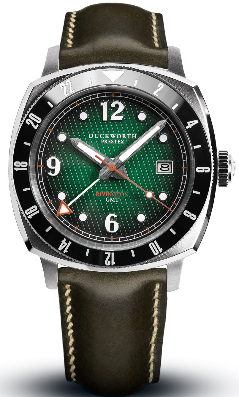 Duckworth Prestex Watch Rivington GMT Green Fume Olive Green Leather