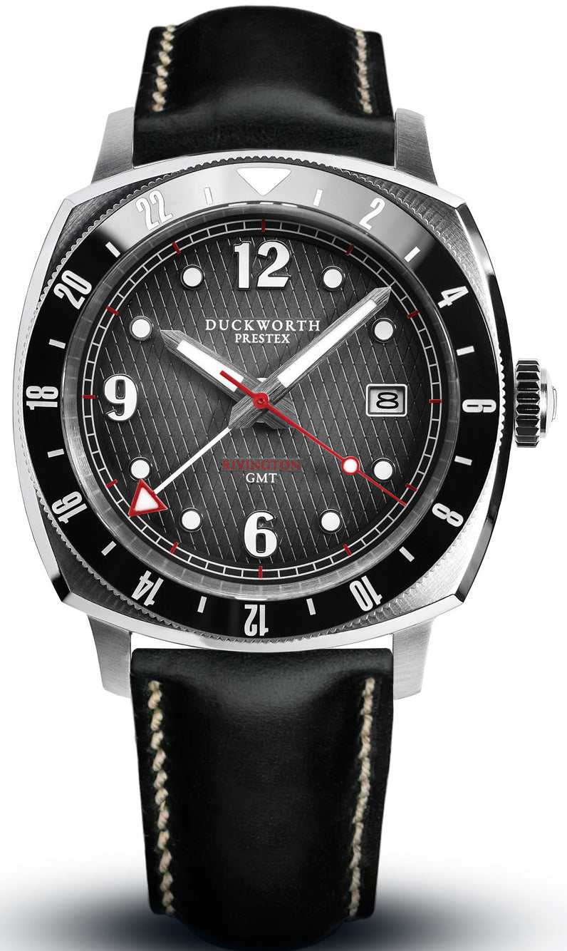Duckworth Prestex Watch Rivington GMT Black Grey Fume Black Leather